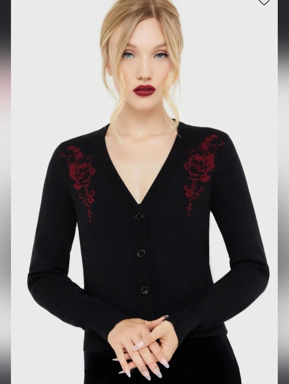 Killstar Black V-Neck Cardigan with Deep Red Floral Embroidery